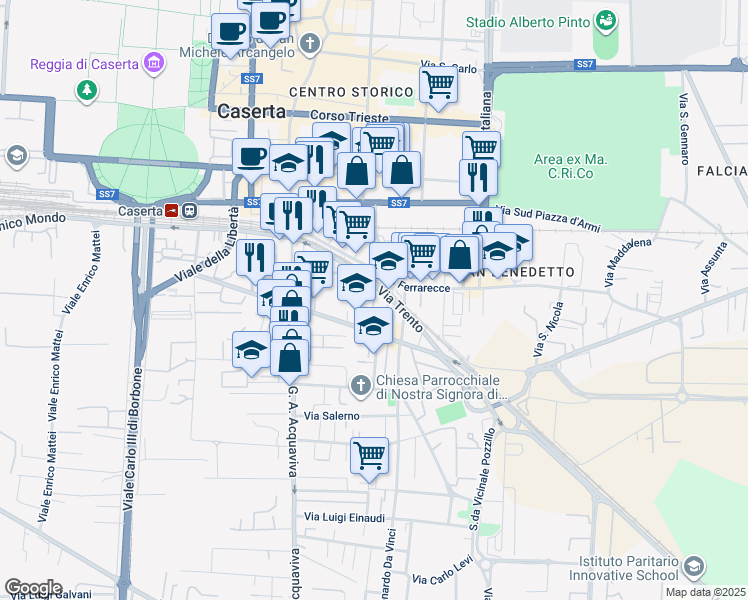 map of restaurants, bars, coffee shops, grocery stores, and more near 166-168 Viale Abramo Lincoln in Caserta