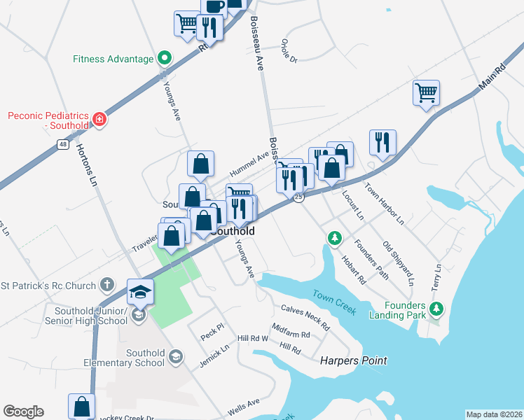 map of restaurants, bars, coffee shops, grocery stores, and more near 54970 New York 25 in Southold