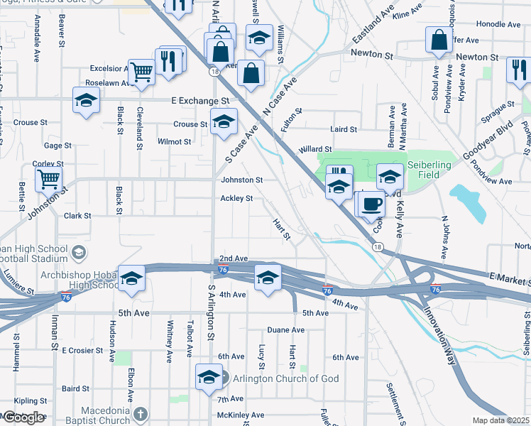 map of restaurants, bars, coffee shops, grocery stores, and more near 1177 Irvin Street in Akron