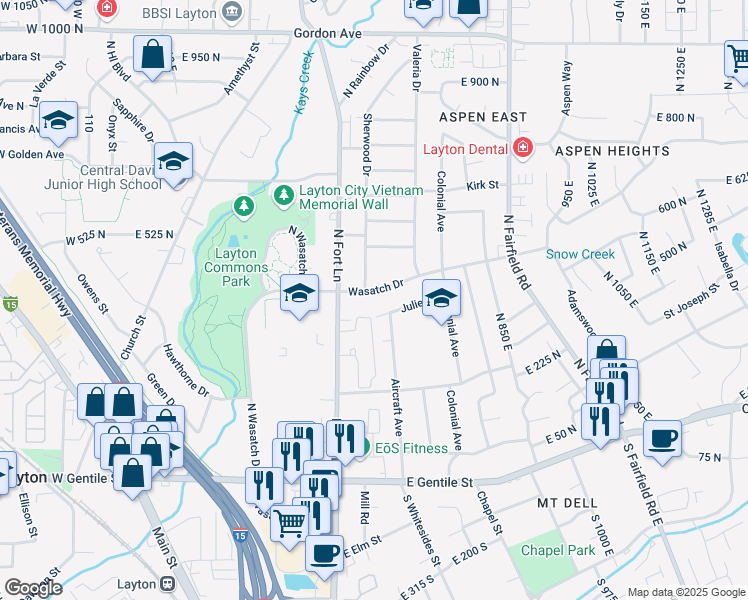 map of restaurants, bars, coffee shops, grocery stores, and more near 573 Julie Drive in Layton