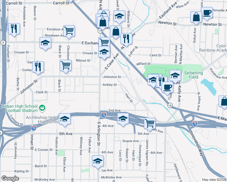 map of restaurants, bars, coffee shops, grocery stores, and more near 166 Chittenden Street in Akron
