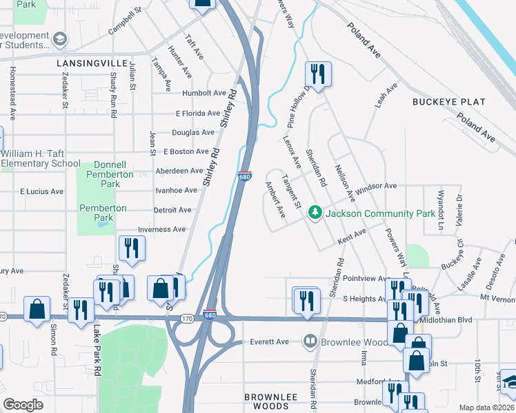 map of restaurants, bars, coffee shops, grocery stores, and more near 3426 Wayside Drive in Youngstown