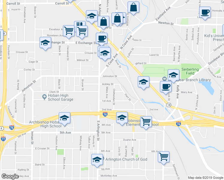 map of restaurants, bars, coffee shops, grocery stores, and more near 182 Chittenden Street in Akron