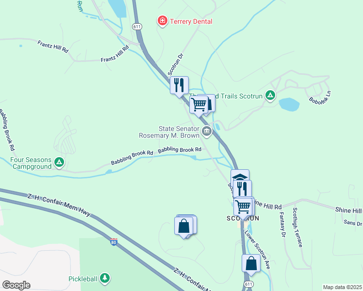 map of restaurants, bars, coffee shops, grocery stores, and more near 383 Babbling Brook Road in Monroe County