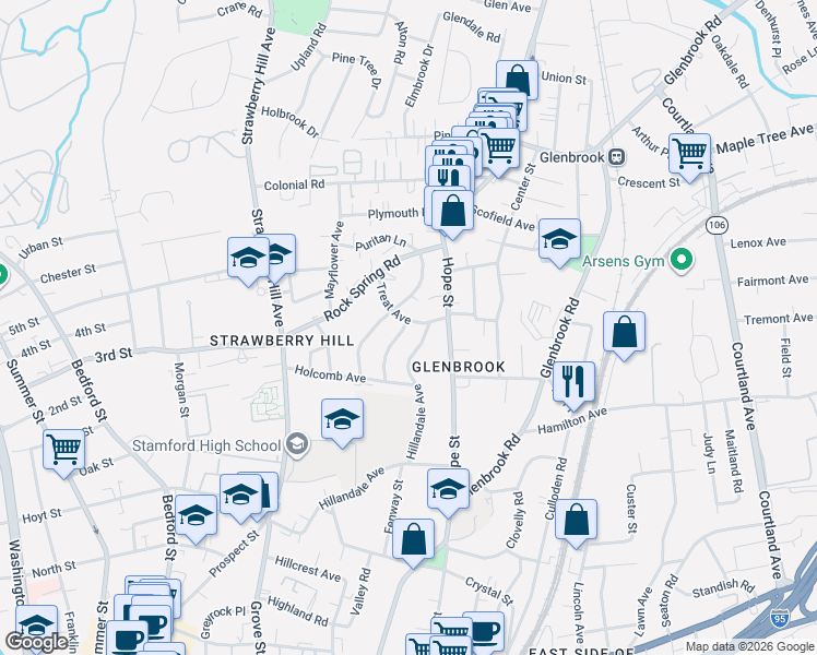 map of restaurants, bars, coffee shops, grocery stores, and more near 20 Cowan Avenue in Stamford