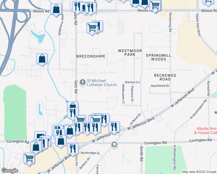 map of restaurants, bars, coffee shops, grocery stores, and more near 5801 Meadows Drive in Fort Wayne