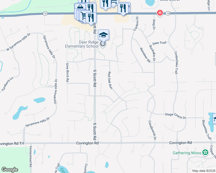 map of restaurants, bars, coffee shops, grocery stores, and more near 1923 Kimberlite Place in Fort Wayne