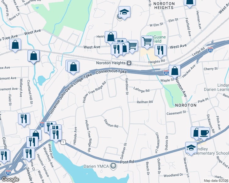 map of restaurants, bars, coffee shops, grocery stores, and more near 19 Walmsley Road in Darien