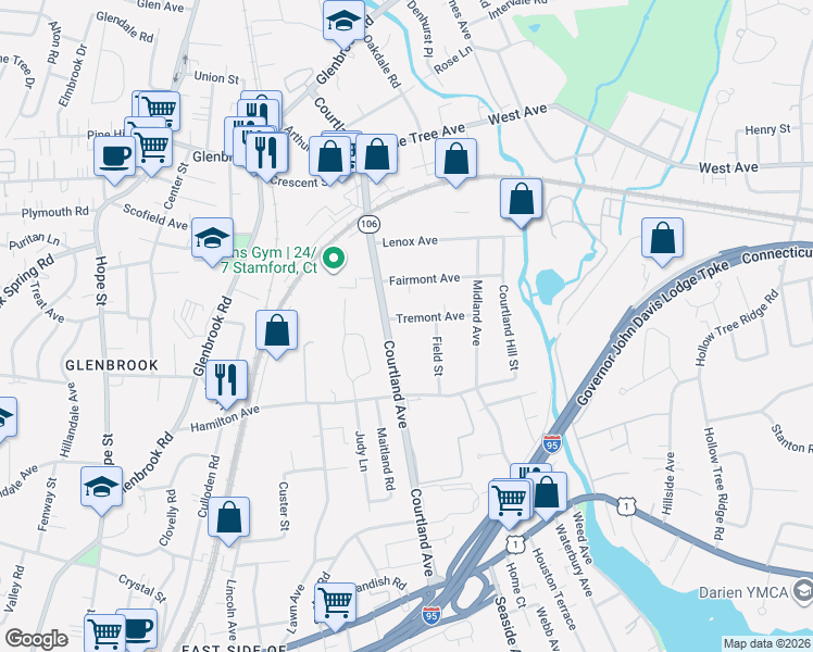 map of restaurants, bars, coffee shops, grocery stores, and more near 209 Courtland Avenue in Stamford