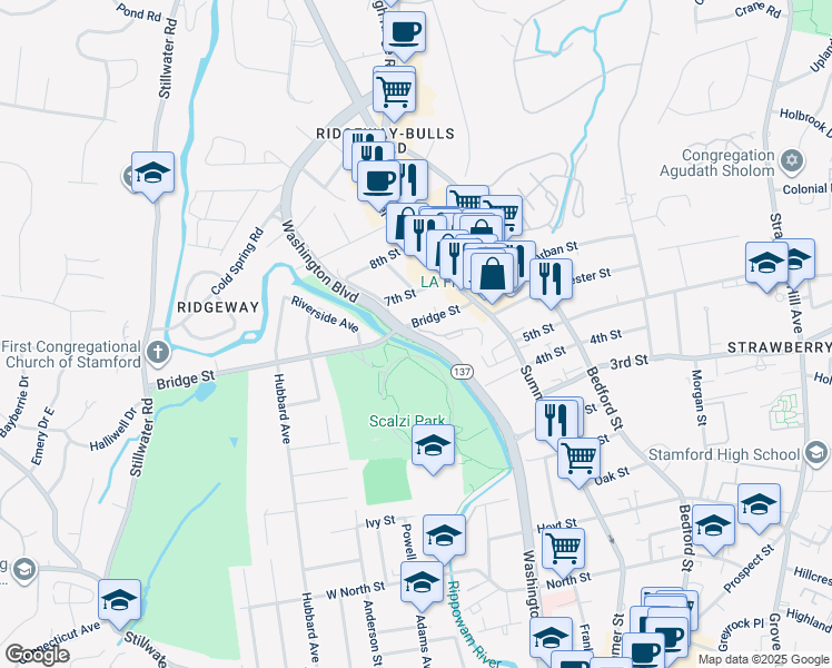 map of restaurants, bars, coffee shops, grocery stores, and more near 1902-2190 Washington Boulevard in Stamford