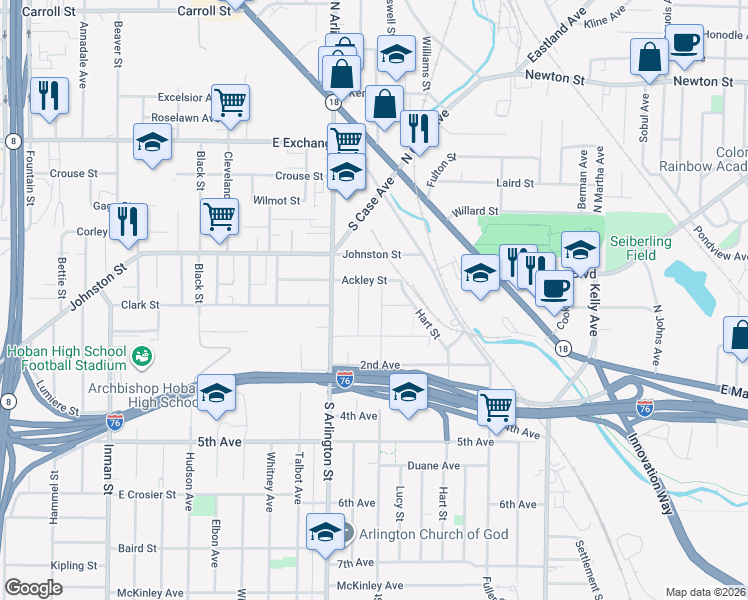 map of restaurants, bars, coffee shops, grocery stores, and more near 182 Chittenden Street in Akron