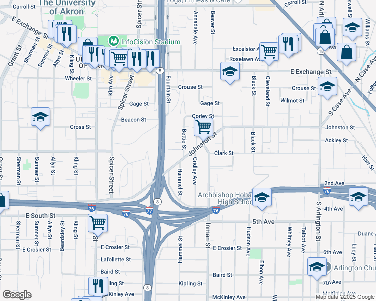 map of restaurants, bars, coffee shops, grocery stores, and more near 742 Johnston Street in Akron