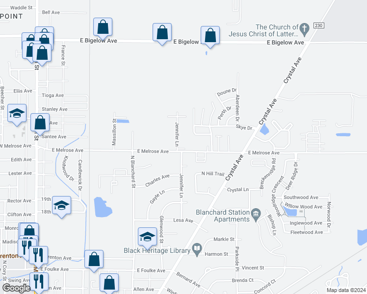map of restaurants, bars, coffee shops, grocery stores, and more near 2121 Jennifer Lane in Findlay