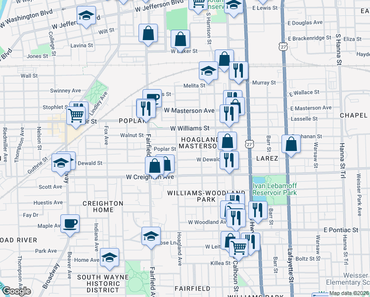 map of restaurants, bars, coffee shops, grocery stores, and more near 316 West Dewald Street in Fort Wayne