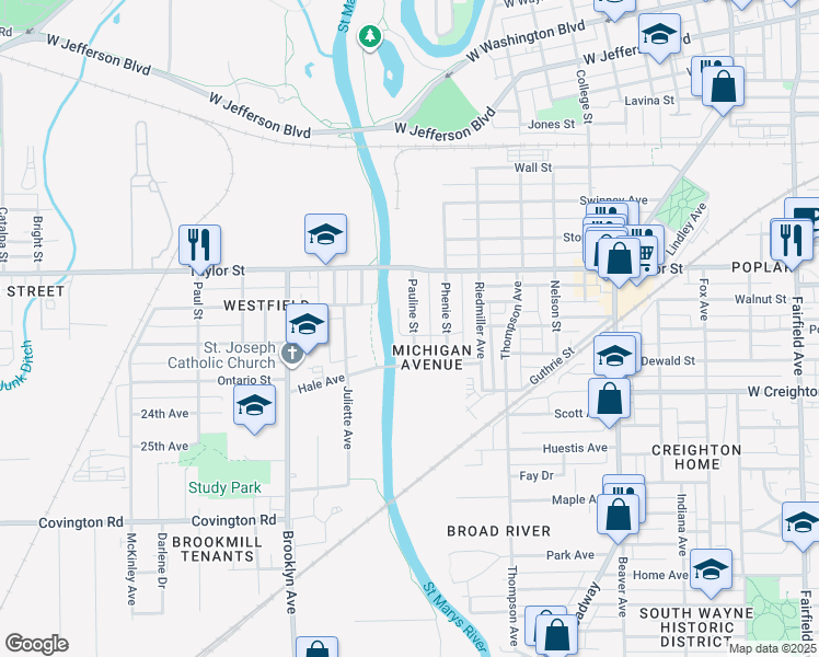 map of restaurants, bars, coffee shops, grocery stores, and more near 2102 Pauline Street in Fort Wayne