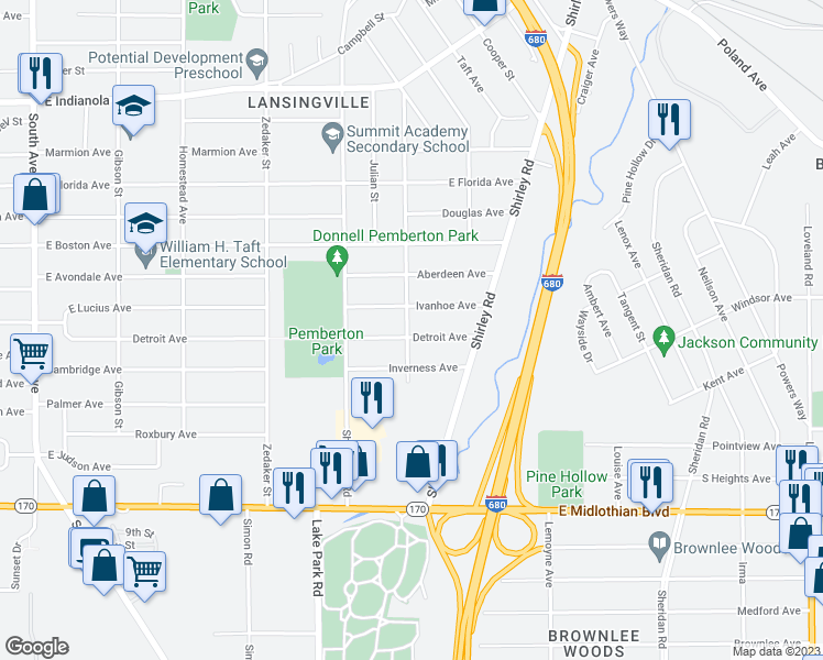 map of restaurants, bars, coffee shops, grocery stores, and more near 1302 Detroit Avenue in Youngstown