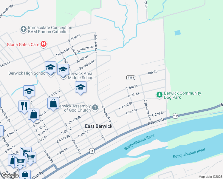 map of restaurants, bars, coffee shops, grocery stores, and more near 1007 East 6th Street in Berwick