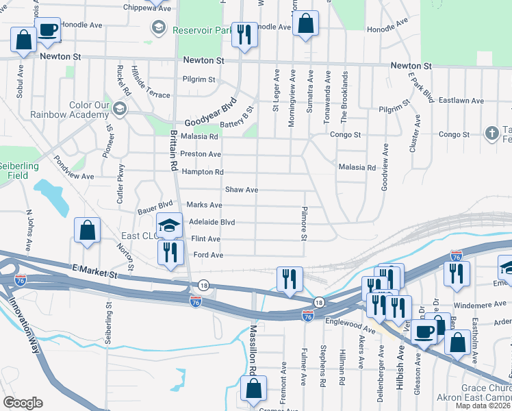 map of restaurants, bars, coffee shops, grocery stores, and more near 145 Watson Street in Akron