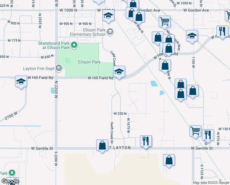 map of restaurants, bars, coffee shops, grocery stores, and more near 1764 Swift Creek Drive in Layton