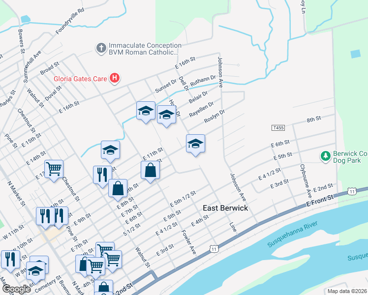map of restaurants, bars, coffee shops, grocery stores, and more near 810 East 10th Street in Berwick