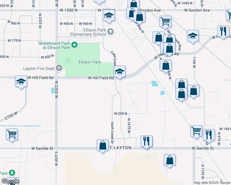 map of restaurants, bars, coffee shops, grocery stores, and more near 1764 Swift Creek Drive in Layton