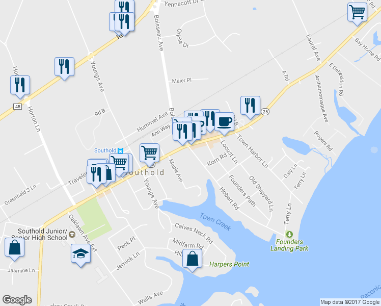 map of restaurants, bars, coffee shops, grocery stores, and more near 150 Hobart Road in Southold