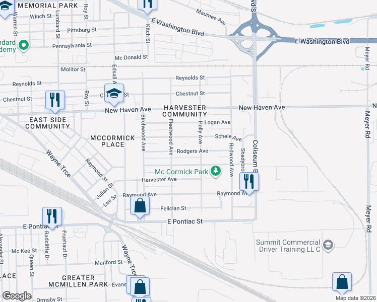 map of restaurants, bars, coffee shops, grocery stores, and more near Rodgers Avenue in Fort Wayne