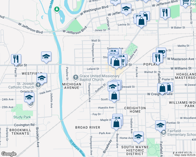 map of restaurants, bars, coffee shops, grocery stores, and more near Michigan Avenue in Fort Wayne
