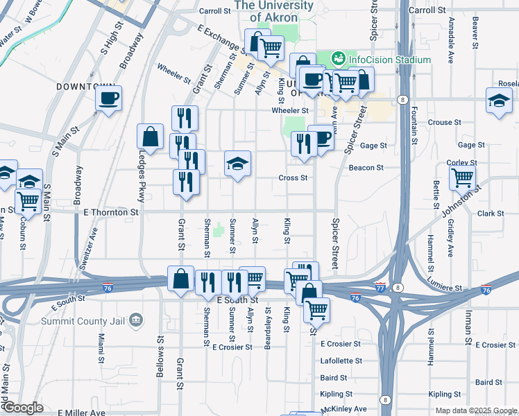 map of restaurants, bars, coffee shops, grocery stores, and more near 607 Allyn Street in Akron