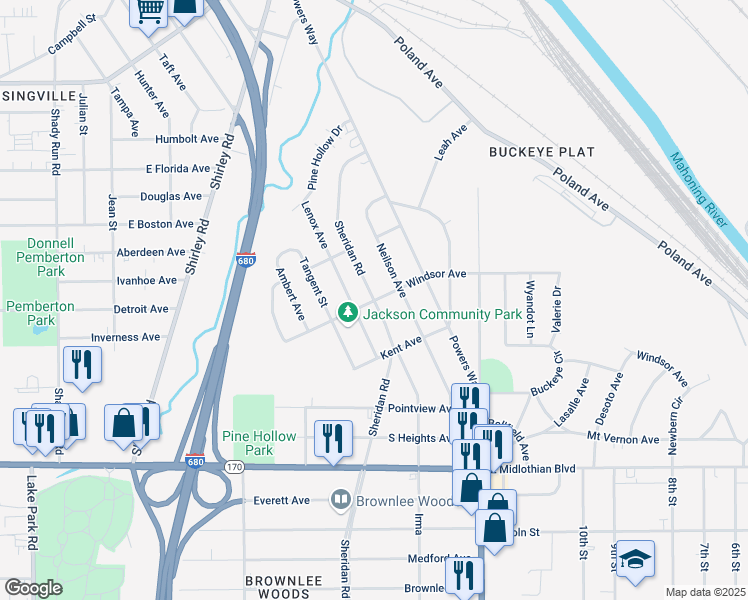 map of restaurants, bars, coffee shops, grocery stores, and more near 3499 Sheridan Road in Youngstown