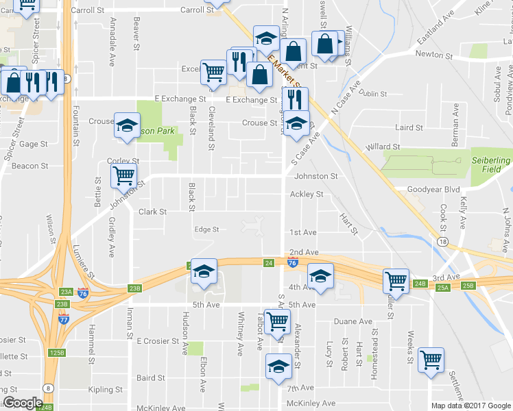 map of restaurants, bars, coffee shops, grocery stores, and more near 1043 Clark Street in Akron
