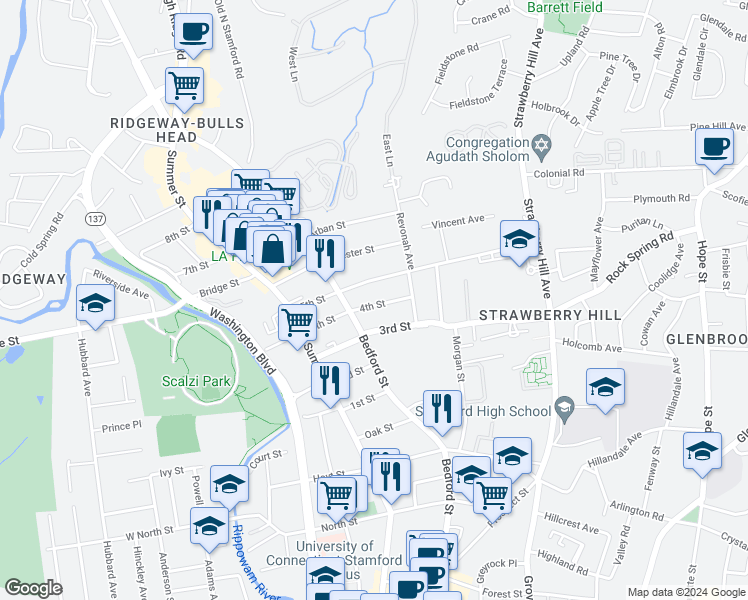 map of restaurants, bars, coffee shops, grocery stores, and more near 70 3rd Street in Stamford