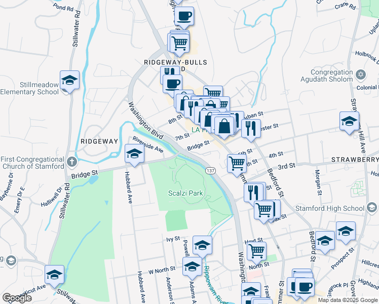 map of restaurants, bars, coffee shops, grocery stores, and more near 1902-2190 Washington Boulevard in Stamford