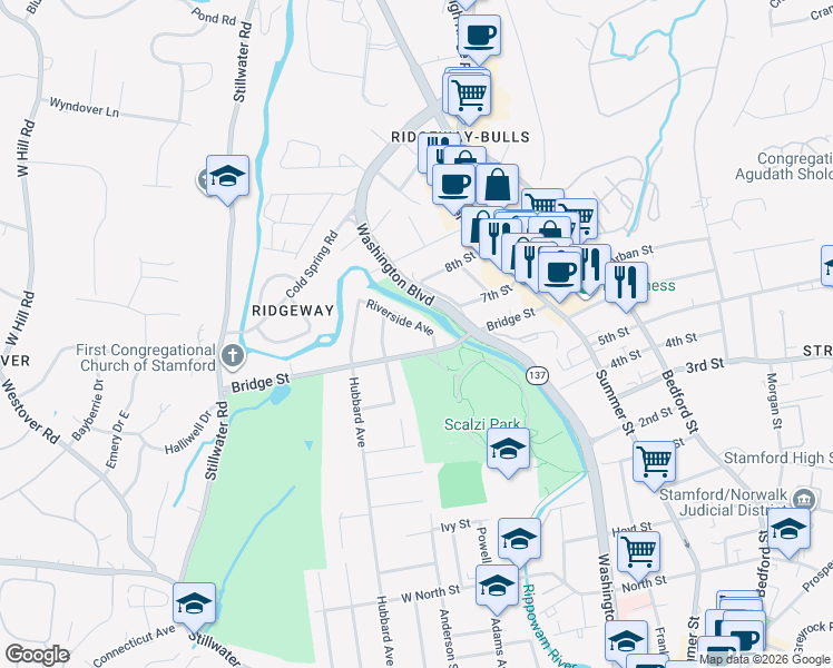 map of restaurants, bars, coffee shops, grocery stores, and more near 125 Bridge Street in Stamford