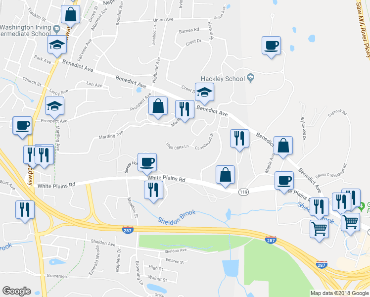 map of restaurants, bars, coffee shops, grocery stores, and more near 470 High Cliffe Lane in Tarrytown