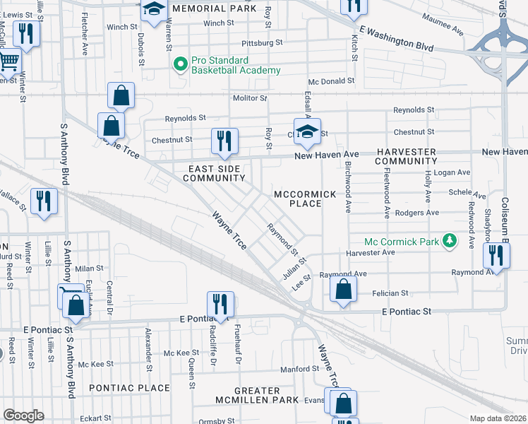 map of restaurants, bars, coffee shops, grocery stores, and more near 2726 Raymond Street in Fort Wayne