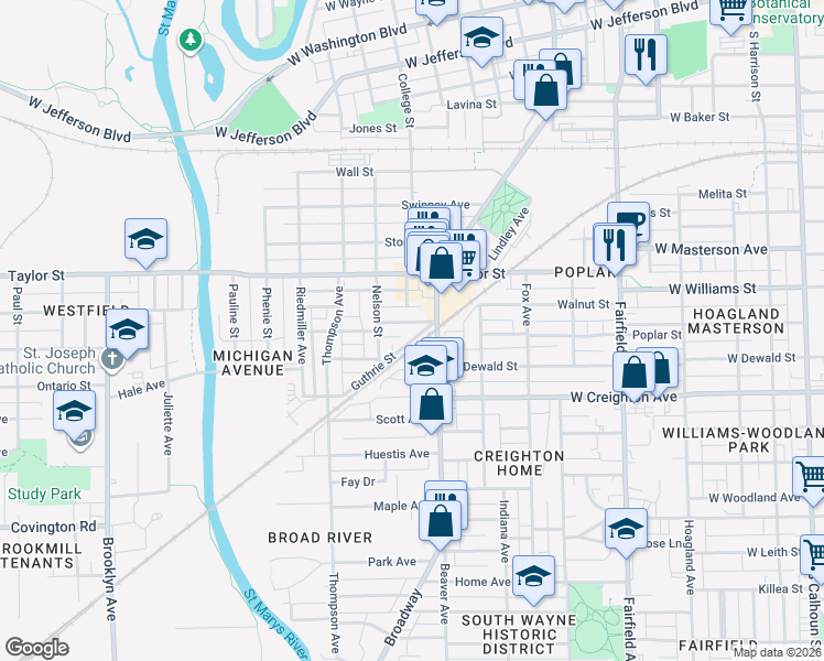 map of restaurants, bars, coffee shops, grocery stores, and more near 1136 Guthrie Street in Fort Wayne