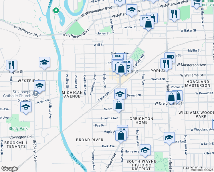 map of restaurants, bars, coffee shops, grocery stores, and more near 2122 Nelson Street in Fort Wayne