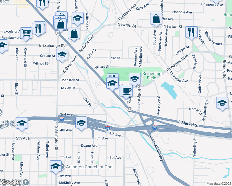 map of restaurants, bars, coffee shops, grocery stores, and more near 1201 East Market Street in Akron