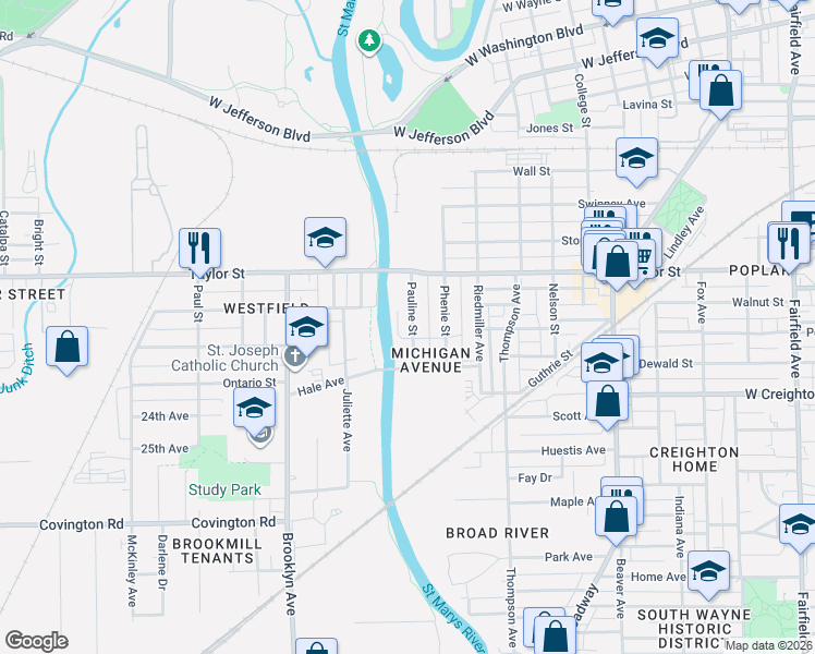 map of restaurants, bars, coffee shops, grocery stores, and more near 2102 Pauline Street in Fort Wayne