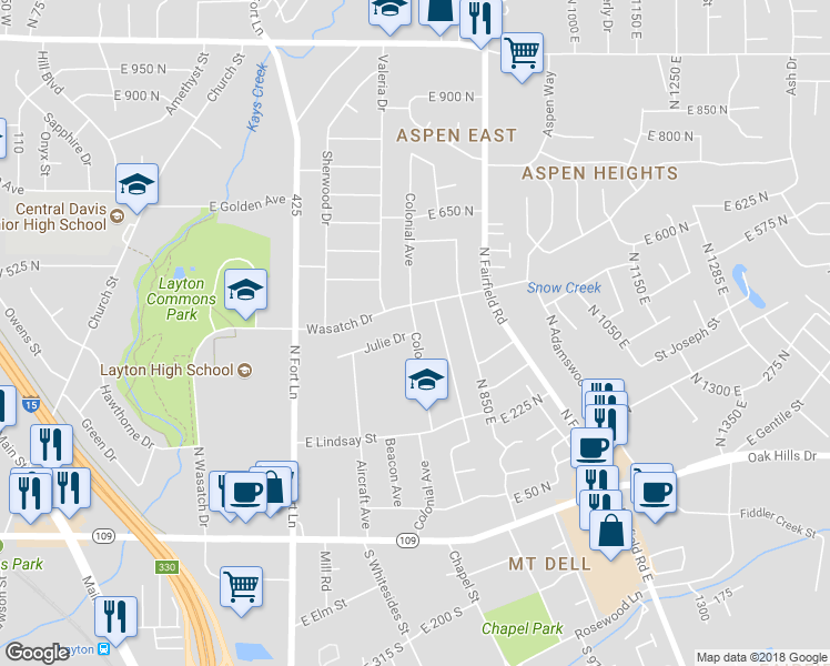 map of restaurants, bars, coffee shops, grocery stores, and more near 698 Julie Drive in Layton