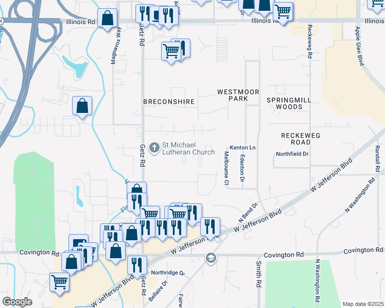 map of restaurants, bars, coffee shops, grocery stores, and more near 5810 Meadows Drive in Fort Wayne