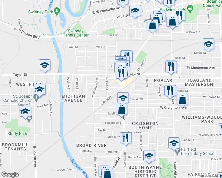 map of restaurants, bars, coffee shops, grocery stores, and more near 1217 Michigan Avenue in Fort Wayne