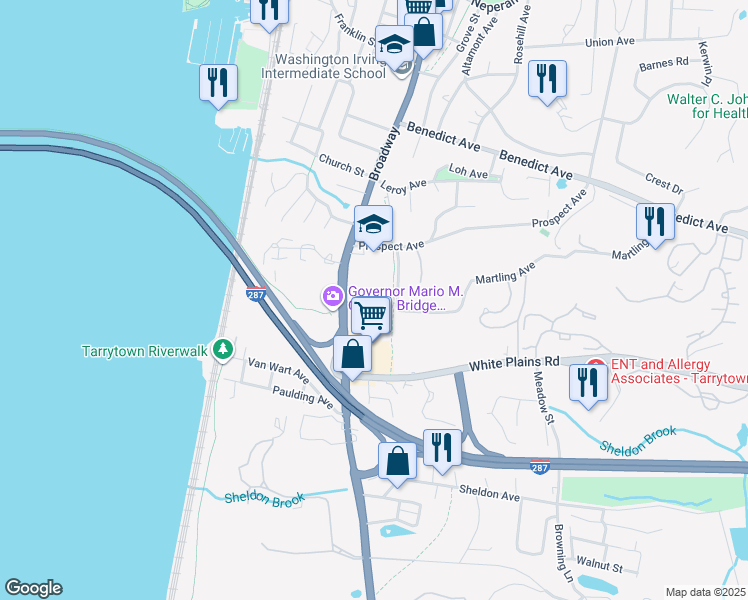 map of restaurants, bars, coffee shops, grocery stores, and more near 320 South Broadway in Tarrytown