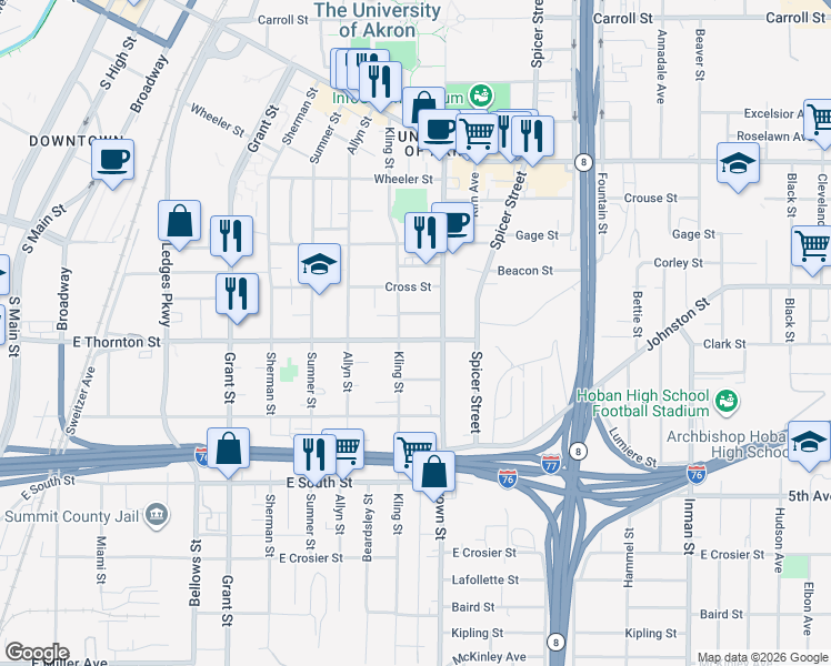 map of restaurants, bars, coffee shops, grocery stores, and more near 617 Kling Street in Akron