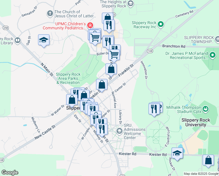 map of restaurants, bars, coffee shops, grocery stores, and more near 339 Center Street in Slippery Rock
