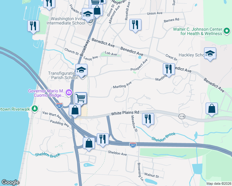 map of restaurants, bars, coffee shops, grocery stores, and more near 154 Martling Avenue in Tarrytown