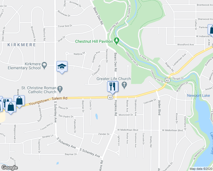 map of restaurants, bars, coffee shops, grocery stores, and more near 2031 Kirk Road in Youngstown