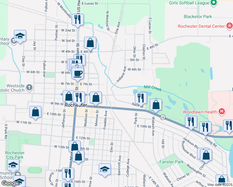 map of restaurants, bars, coffee shops, grocery stores, and more near 459 Race Street in Rochester