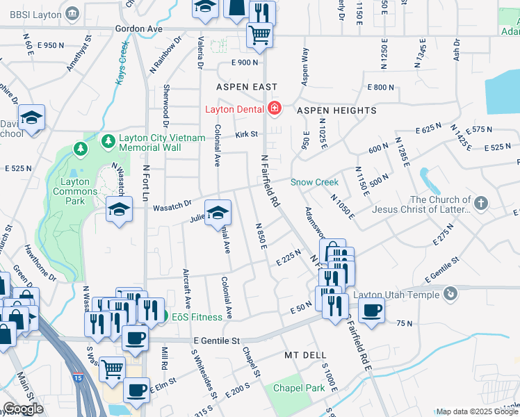 map of restaurants, bars, coffee shops, grocery stores, and more near 381 North 850 East in Layton